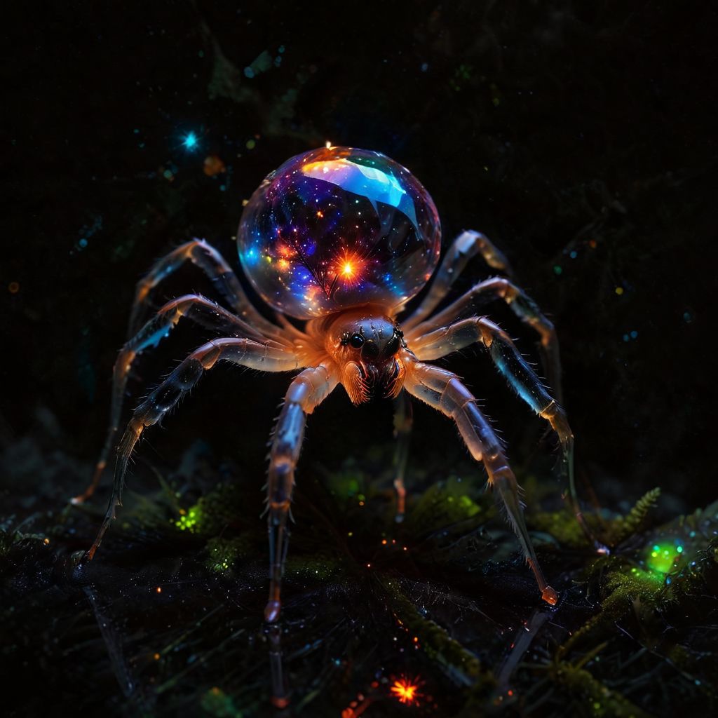 macro, fill the frame, from the side, photorealism, extremely detailed, best quality,
A transparent neon glass crystal spider, hairless, 8legs, glowing internally with a multicolored florescent galaxy of stars, swirls of light shine within, large bulbous abdomen, abdomen focus,
on a mossy log, dark background,
zavy-flrscnc,