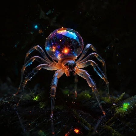 macro, fill the frame, from the side, photorealism, extremely detailed, best quality,
A transparent neon glass crystal spider, hairless, 8legs, glowing internally with a multicolored florescent galaxy of stars, swirls of light shine within, large bulbous abdomen, abdomen focus,
on a mossy log, dark background,
zavy-flrscnc,