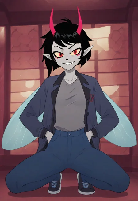 score_9, score_8_up, score_7_up, HD, best quality, masterpiece, hazbin, solo, 1girl, black hair, horns, antennae horns, pointy ears, makeup, coloured skin, grey skin, insect wings, grey shirt, letterman jacket, symbol on jacket, fly \(symbol\), tight pants, jeans, sneakers, indoors