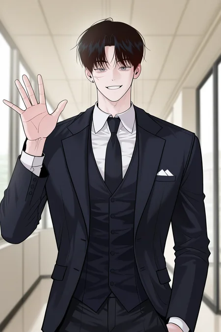 masterpiece, best quality, amazing quality, very aesthetic, high resolution, ultra-detailed, absurdres, newest, scenery, volumetric lighting, depth of field,anime screencap, , , 1boy, solo, male focus,<lora:yoonwon:0.90>,goo yoon won,black hair,grey eyes,short hair,parted bangs,looking at viewer,scar,grin, shirt, long sleeves,jacket, white shirt, upper body,parted lips, necktie, collared shirt, hand up,waving,earring,pants,black pants, piercing,right ear bare,vest, black jacket,formal, suit,black necktie, black vest, black suit,indoors,scar on face