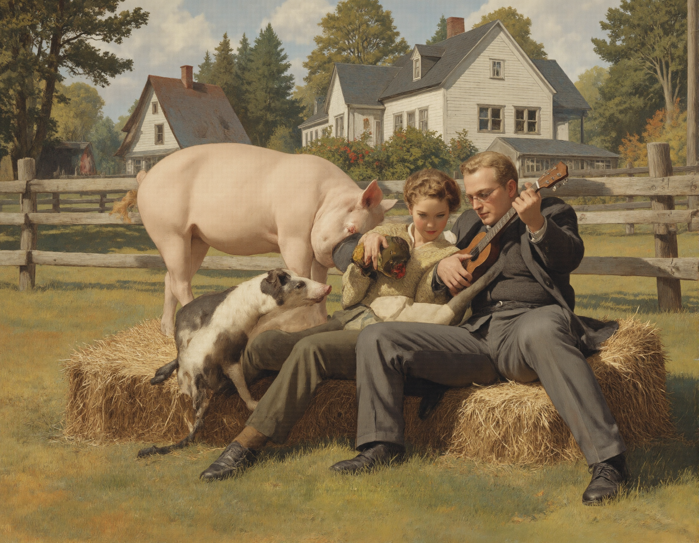 Norman Rockwell style A quirky 1950s Finnish countryside estate, where Minna Karlsson-Kananen, in a tight-fitting sweater and high-waisted trousers, lounges on a hay bale, playfully fending off the advances of a dim-witted suitor in a comically oversized suit. He tries to serenade her with a ukulele, but his off-key singing startles nearby pigs, who squeal in protest. Minnaâs sharp tongue and coy glances keep him at bay, while a nosy neighbor peeks over a fence, clutching her pearls at the âimproperâ scene. The setting is bathed in golden sunlight, with a humorous clash of rustic charm, erotic tension, and Larniâs biting social commentary, <lora:MysticXXX-V7:0.5>, <lora:Dark_Fantasy_Pulp_Pinup:0.5> . Realistic, narrative, Americana, detailed, "abstract