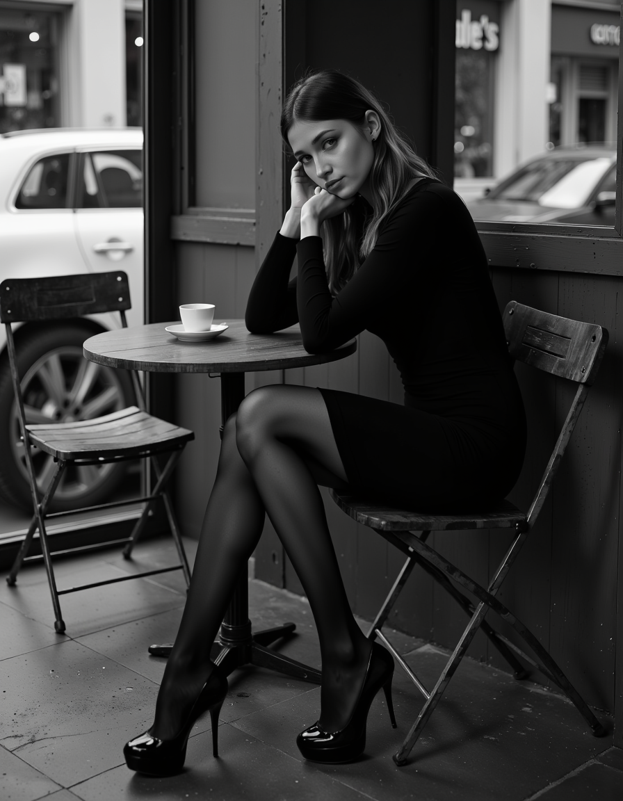 A Cinematic Photography.
Black-and-white photograph captures a young woman seated at a small round table in a cozy café setting. She is positioned slightly off-center to the right, with her left elbow resting on the table and her head propped up on her hand, giving her a contemplative, pensive expression. Her hair is straight and falls just below her shoulders, framing her face. She is wearing a form-fitting, long-sleeved black dress that accentuates her slender physique, paired with opaque black tights and glossy black high-heeled shoes. The table in front of her is simple, with a small white cup or saucer, likely for a beverage, placed on it. 

The café's interior features a rustic charm, with metal folding chairs and a wooden table with a worn finish. The background shows the glass front of the café, revealing a blurred street scene with parked cars and other indistinct objects, suggesting a bustling urban environment. The lighting is soft, likely natural, creating gentle shadows and highlights that enhance the textures of her clothing and the café's surfaces. The overall atmosphere is intimate and reflective, with a touch of melancholy due to the monochrome palette.