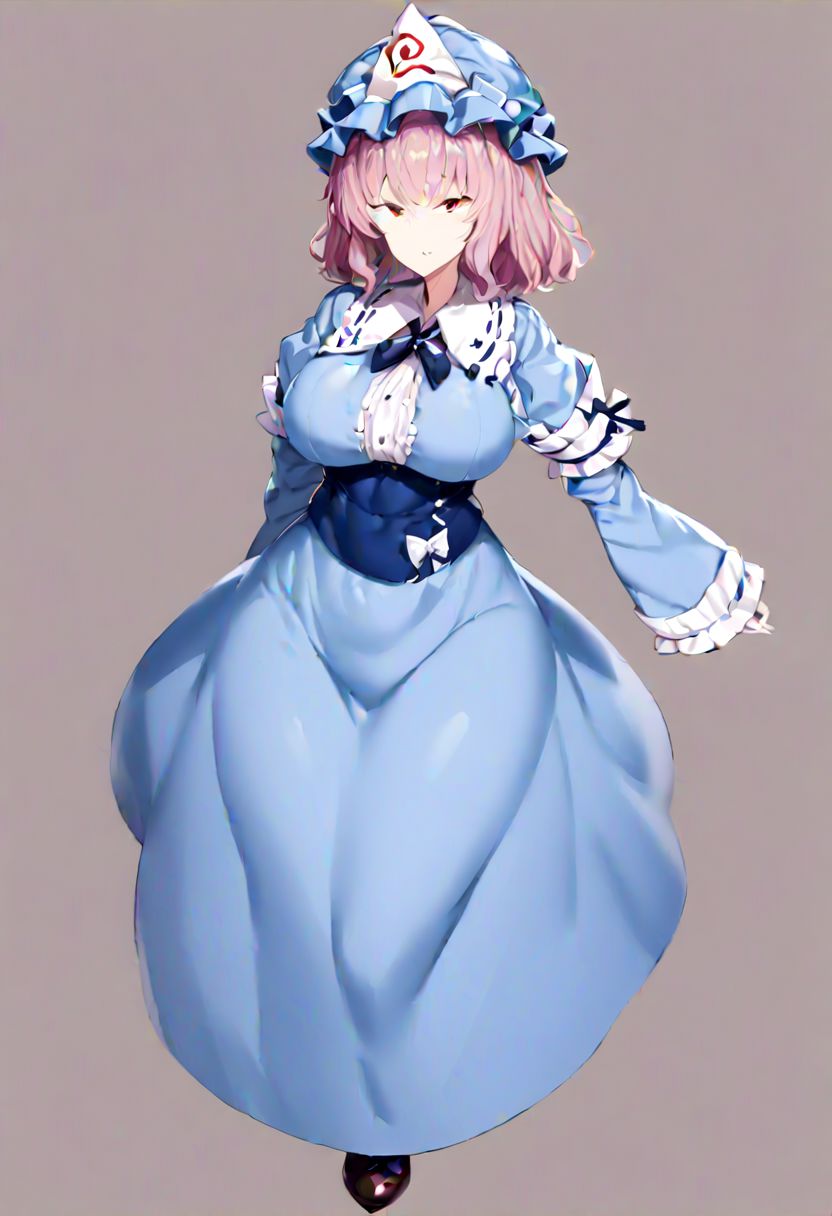 saigyouji yuyuko,hat, 
masterpiece, best quality, very aesthetic, absurdres, 1milf, 1adult, solo, full_body, tachi-e,