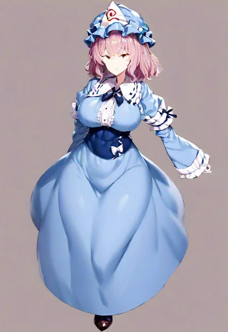 saigyouji yuyuko,hat, 
masterpiece, best quality, very aesthetic, absurdres, 1milf, 1adult, solo, full_body, tachi-e,