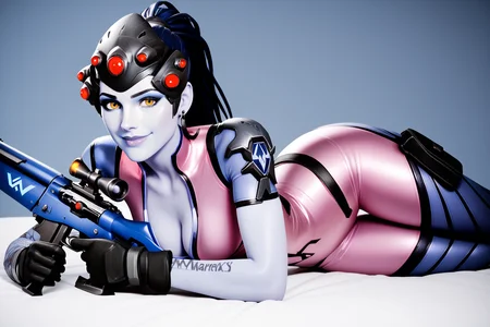 score_9, score_8_up, score_7_up, masterpiece, high quality
 <lora:WidowmakerPonyLoRA:0.8>wdwmakr, colored skin, long hair, ponytail, yellow eyes, head-mounted display, bodysuit, stud earrings, single pauldron, single vembrace, gloves, tattoo on arm, center opening, cleavage, thigh holster, sniper rifle, aiming at viewer, lying on belly, smile