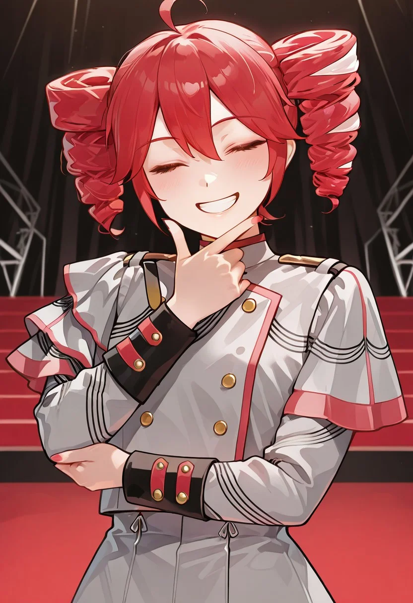 solo, upper body, woman,kteto, girl, short hair, drill hair, parade uniform, long sleeves, pogi_pose, facing front, smile, grin, closed eyes, stage background, best quality, masterpiece, 4k resolution, anime