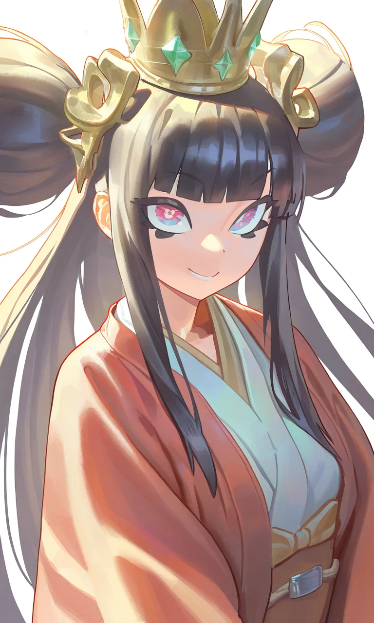PSTL_ST, masterpiece, best quality, very aesthetic, high resolution, ultra-detailed, absurdres, newest, extremely detailed eyes, beautiful, perfect lighting, hi res, amazing quality, very awa, Brightly Lit, Highly Visible, 8k, sharp focus, beautiful, perfect lighting, volumetric lighting, scenery, painting_(artwork),  1girl, black hair, white background, smile, looking at viewer, simple background, japanese clothes, glint, bangs, long hair, upper body, kimono, sidelocks, crown