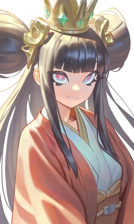 PSTL_ST, masterpiece, best quality, very aesthetic, high resolution, ultra-detailed, absurdres, newest, extremely detailed eyes, beautiful, perfect lighting, hi res, amazing quality, very awa, Brightly Lit, Highly Visible, 8k, sharp focus, beautiful, perfect lighting, volumetric lighting, scenery, painting_(artwork), 1girl, black hair, white background, smile, looking at viewer, simple background, japanese clothes, glint, bangs, long hair, upper body, kimono, sidelocks, crown