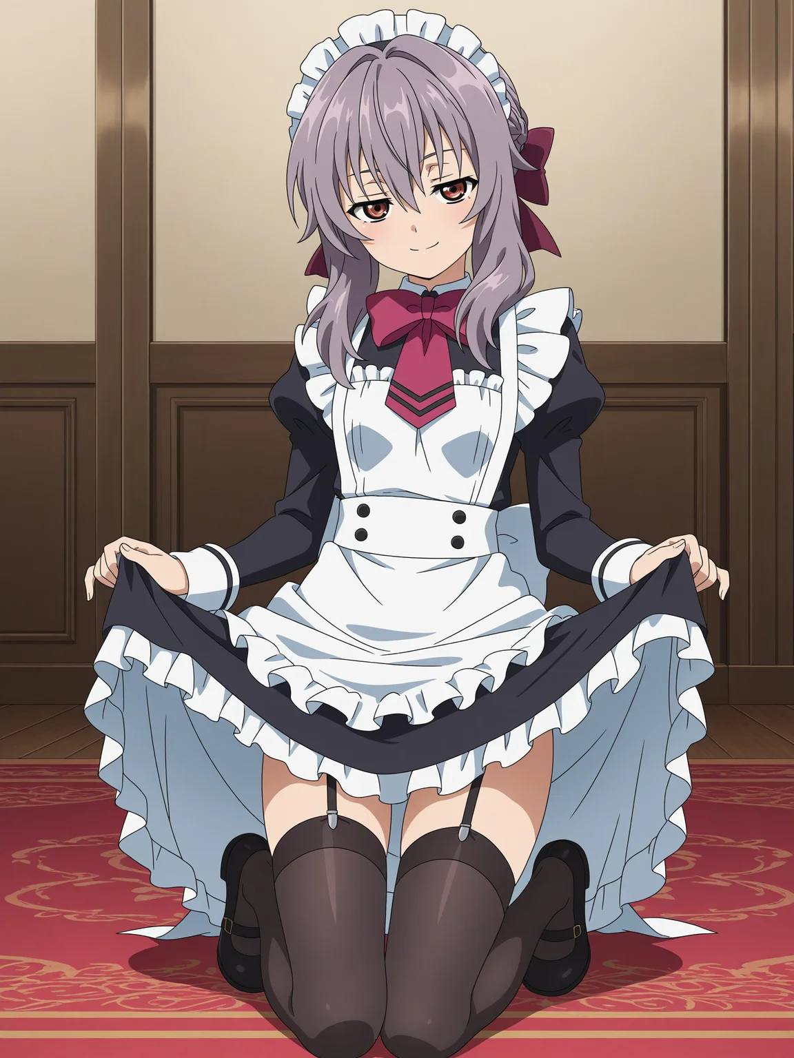 <lora:shinoa:1>,shinoa,seductive smile,full body,thighhighs,anime coloring,maid,skirt lift,