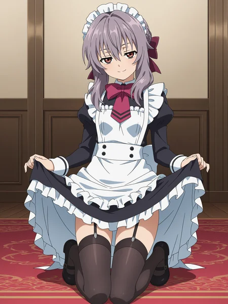 <lora:shinoa:1>,shinoa,seductive smile,full body,thighhighs,anime coloring,maid,skirt lift,