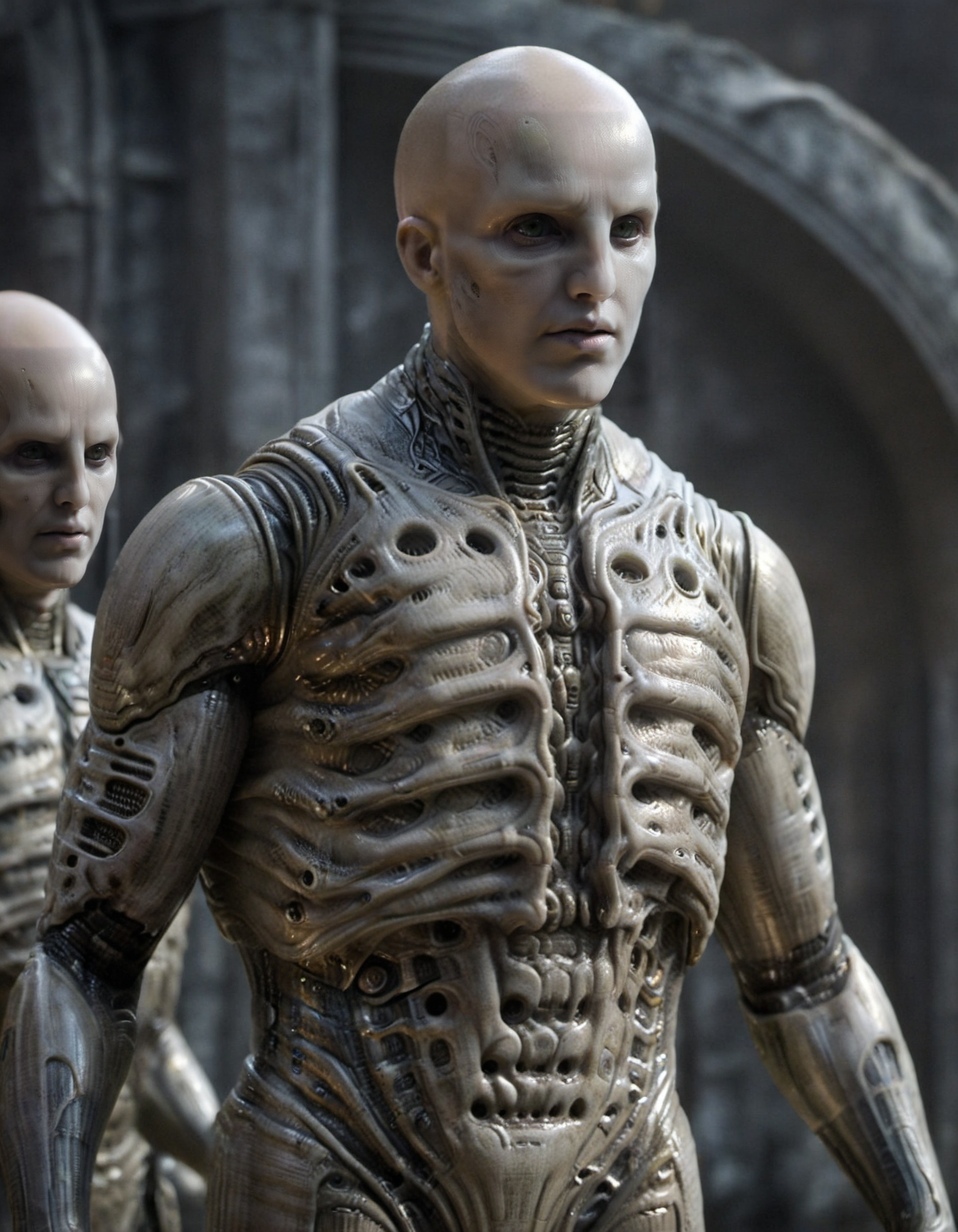Engineer1024, cinematic movie still of the Prometheus movie by Ridley Scott, a bald pale semi-alien male with black eyes, ivory bio-metallic-bone armor inspired by H. R. Giger, extremely detailed pale skin with visible respiratory pores, in a dynamic pose,
extremely high quality RAW photograph, exquisite details and textures, highly detailed, ultra detailed photograph, dramatic cinematic lighting, 4k,
highest resolution, (bokeh:1.3), (best quality, masterpiece:1.3), ultra high res, 16k unity wallpaper, intricate details, highest detailed, sharp focus, extreme shadow-play, low key, backlit, (filmgrain:1.3)
dramatic full body shot, wide angle view
ancient ruins of an otherworldly alien planet , dusty atmospheric haze, mesmerizing fog, dark pastel colors
<lora:add-detail-xl:1> <lora:xl_more_art-full_v1:0.5>  <lora:Engineer1024:0.6>