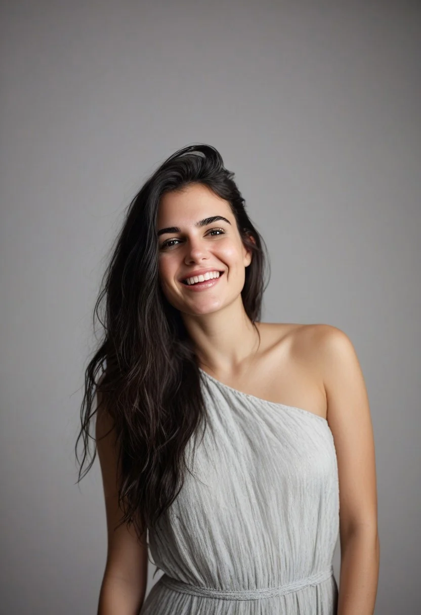 30yo american woman in a photostudio
Modeling High cut, high Quality Dress.
Slight makeup, heavy rimmel. Clear skin.  realistic skin style
Black dark Long messy stylish hair. 
Shooting light, indors, cable light
Studio background.
Smiling, with mouth closed. Smirk.
Bokeh. Heavy Bokeh light.
Tilt head, hand on hair. Shy.