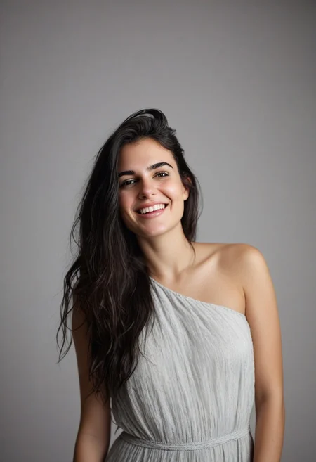 30yo american woman in a photostudio
Modeling High cut, high Quality Dress.
Slight makeup, heavy rimmel. Clear skin.  realistic skin style
Black dark Long messy stylish hair. 
Shooting light, indors, cable light
Studio background.
Smiling, with mouth closed. Smirk.
Bokeh. Heavy Bokeh light.
Tilt head, hand on hair. Shy.