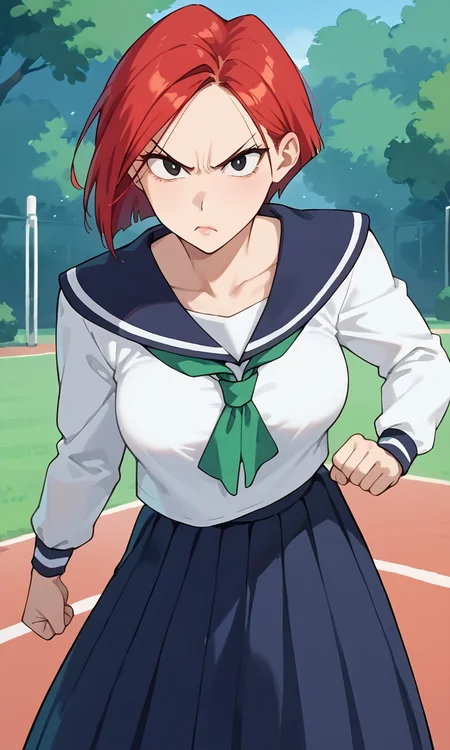 (1girl:1.5), (solo:1.3), (score_9, score_8_up, score_7_up, score_6_up, score_5_up, score_4_up), (source_anime), rating_questionable, looking at viewer, (cowboy shot:1.3), outdoors, park,
<lora:black-lizard_v2:0.8> (black-lizard), (angry:1.5), (black eyes, eyelashes, red hair, short hair, parted bangs, lips), (school uniform, serafuku, white shirt, long sleeves, blue sailor collar, blue long skirt, green neckerchief), (large breasts),
standing, legs apart, (fighting stance:1.5),