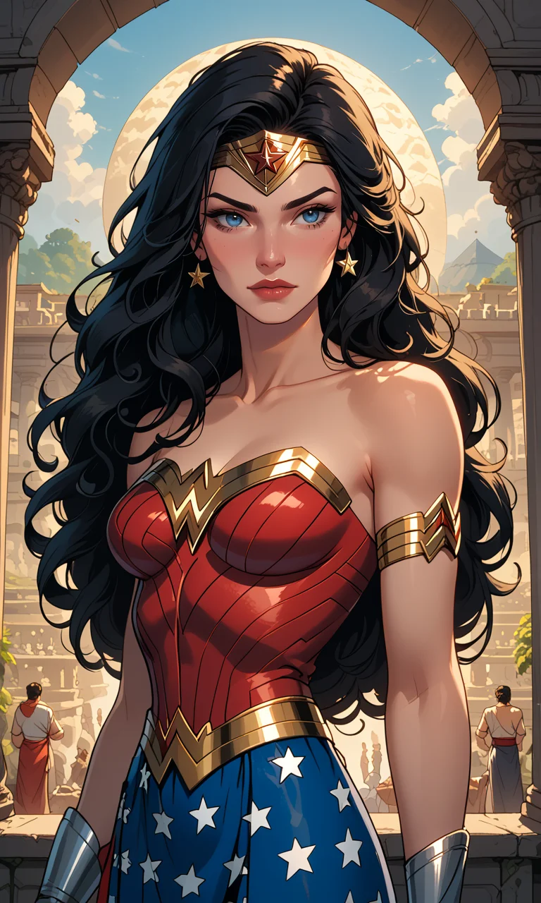 4n1v3rs3, score_9, score_8_up, score_7_up, (Western Comics), upper body shot, (Wonder Woman), black long hair girl, floating hair, wild hair, dressing high detailed Wonder Woman suit, in dynamic pose, (Ancient Greece background), seductive, innocent, slim, skinny