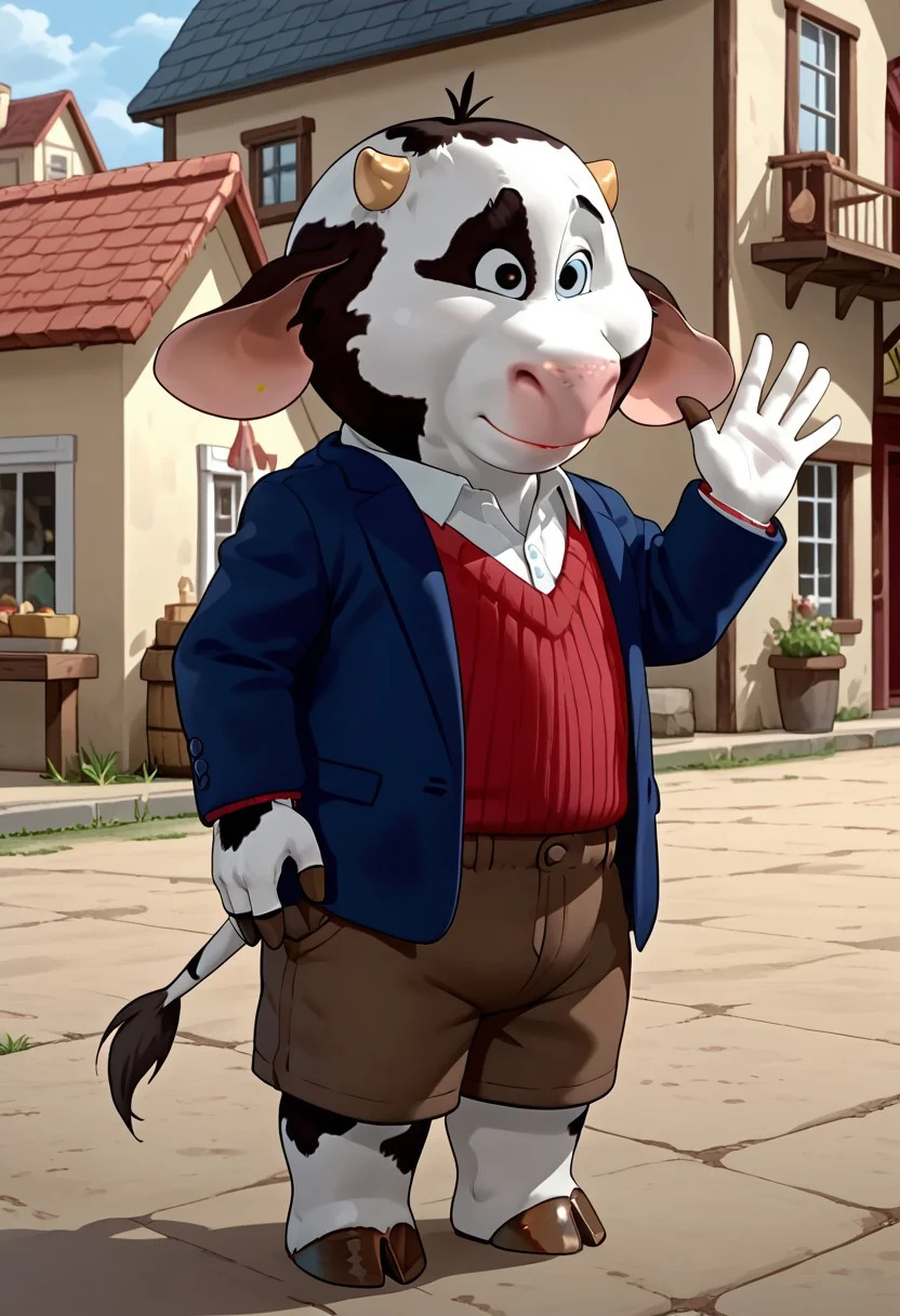 score_9, score_9_up, 1boy, anthro, male, cow, pink nose, small horns, floppy ears, black and white fur, cow pattern fur, cow spots, white shirt, red jumper, brown shorts, blue blazer, brown hooves, cow tail, standing, town background, day, greeting, hand waving, Expressiveh