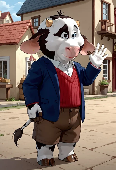score_9, score_9_up, 1boy, anthro, male, cow, pink nose, small horns, floppy ears, black and white fur, cow pattern fur, cow spots, white shirt, red jumper, brown shorts, blue blazer, brown hooves, cow tail, standing, town background, day, greeting, hand waving, Expressiveh
