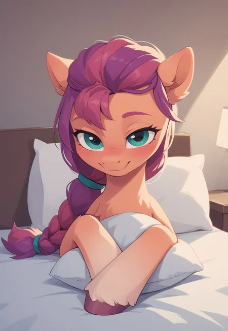 safe_pos, score_9,score_8_up,score_7_up,score_6_up, source_pony,1girl:1.4, pony, my little pony, full body:1.4, sunny starscout, pony, blushing, bedroom eyes, on bed, lying on stomach, from the front, front legs crossed, head resting on pillow, adorable, full body, demure:1.4, incredible detail, indoors, night