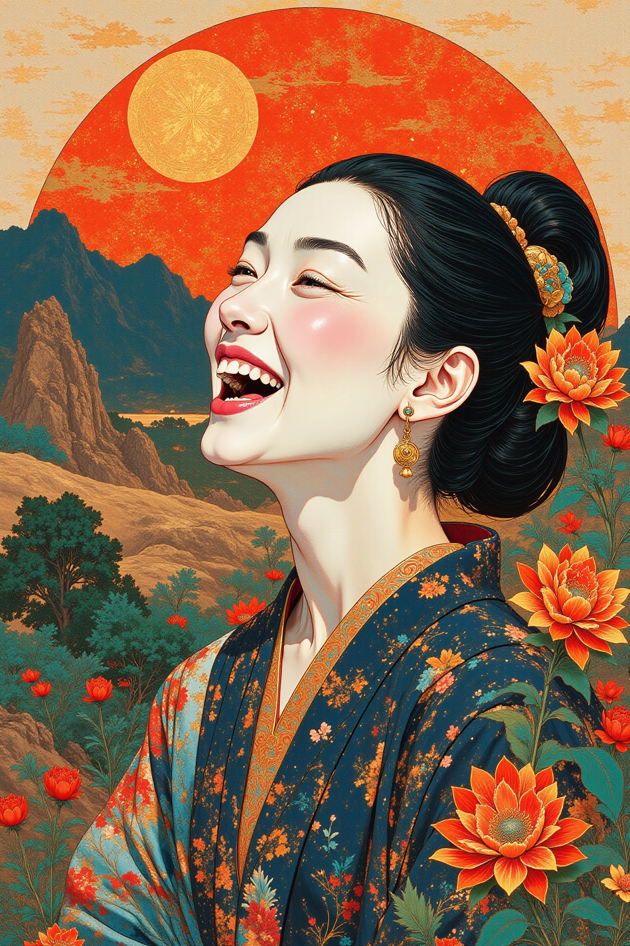 a laughing woman beautiful  landscape, noon, woman, very intricate, very detailed, sharp, bright, colorful, <lora:Hand v2:0.5> <lora:Anti-Blur:1><lora:Insane Detail Slider:0.25>  <lora:flux.1_lora_flyway_Epic-detail_v2:0.3> <lora:fluxenhancer:0.25> <lora:ROWER:0.6> <lora:flux-charmer-v1-1:0.4> <lora:Chinese Maijuchao illustrations:0.8> shanshui