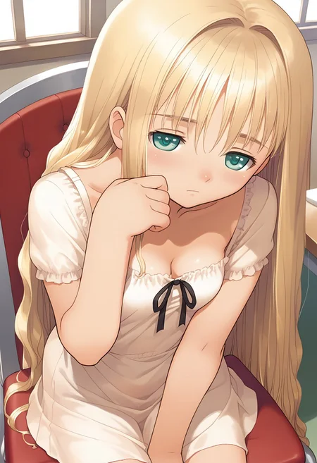 hortensia,score_9,score_8_up,score_7_up,source_anime,best quality,masterpiece,illustration,8k,smooth_lines,from_above,1girl,solo,sleepy,small_chest,(((hand_over_mouth))),small_chest,profile_face,flush,(very_long_hair:1.3),very_long_sundress,chair
