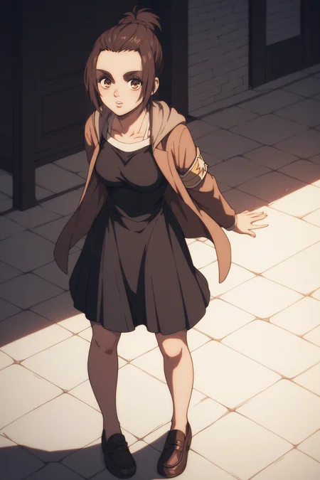 score_9, score_8_up, score_7_up, BREAK source_anime, <lora:gabi braun-PonyXL-lora-Faxtron:0.8> gabi braun, brown eyes, brown hair, single hair bun, breasts, black dress, jacket, loafers,