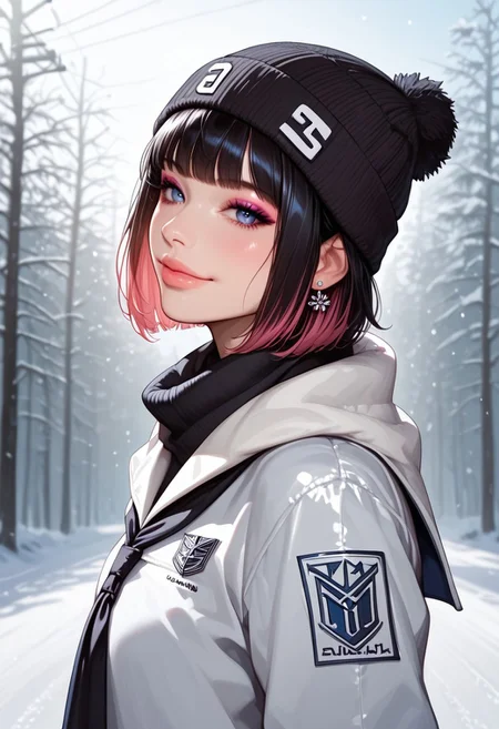 (score_9, score_8_up, score_7_up), best quality, ultra highres, realistic:0.7, solo, girl, 22 year old, silk black hair with pink highlights, straight short hair, hime cut, bangs, big bright eye, flat perky chest, sexy pink lips, half lips, detailed eyes, eyeshadow, shy, cute smile, a quarter closed eyes, BREAK slim figure, tall body, wide hips, shiny pale skin, outstanding style, sexy, pale skin, smart looking, Expressive, snowboarding in ski resort, snowboarding, (( wearing sailor uniform, pleated skirts, thigh highs boots, beanie, warm scarf, red gloves)), spread arms, arms spread, pensive, light smile, closed mouth, presenting her face, horny, face focus, looking at viewer, eye contact, face focus, tight ass, sexy face, black nail polish, pensive, light smile, closed mouth, looking at viewer, eye contact, face closeup, earrings, detailed face, detailed skin, sexy, rim lighting, two-tone lighting, low key, (extremely closed-up, near viewer), god rays of light, side view,