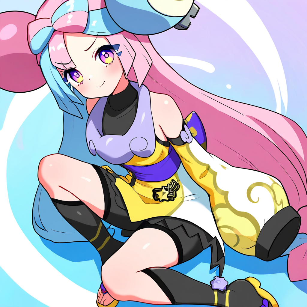 2d, masterpiece, best quality, amazing quality, highres, absurdres, newest, 1girl, solo, sitting, yokozuwari, from above, dutch angle, looking at viewer, multicolored background, simple background, colorful background, medium breasts, sygiono, def colors,  purple hair, blue hair, purple eyes, bow-shaped hair, low-tied long hair, character hair ornament, black shirt, sleeveless dress, two-tone dress, white dress, yellow dress, detached sleeves, yellow sleeves, white, sleeves, purple collar, bare shoulders, sleeves past fingers, oversized clothes, purple sash, black shorts, toeless legwear, black legwear, kneehighs, sandals, yellow footwear, knees