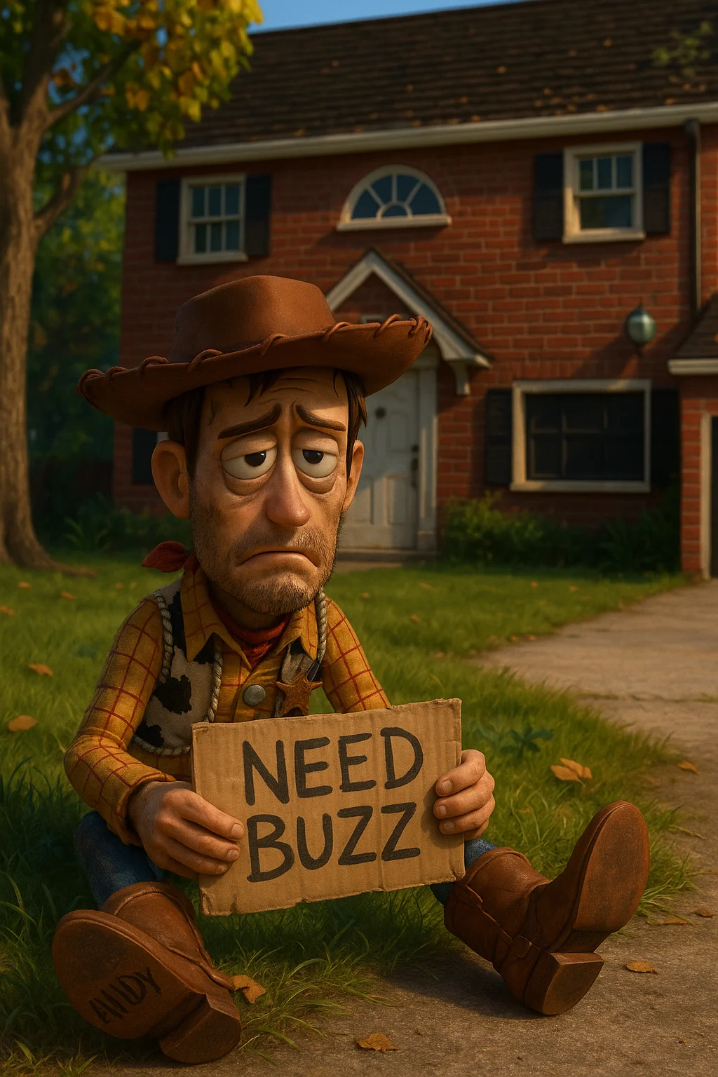 the character attached looks haggard, he is sitting in front of the house attached holding a cardboard sign that says "need buzz", the character is a toy so the house should be huge by comparison. 3d pixar-like style