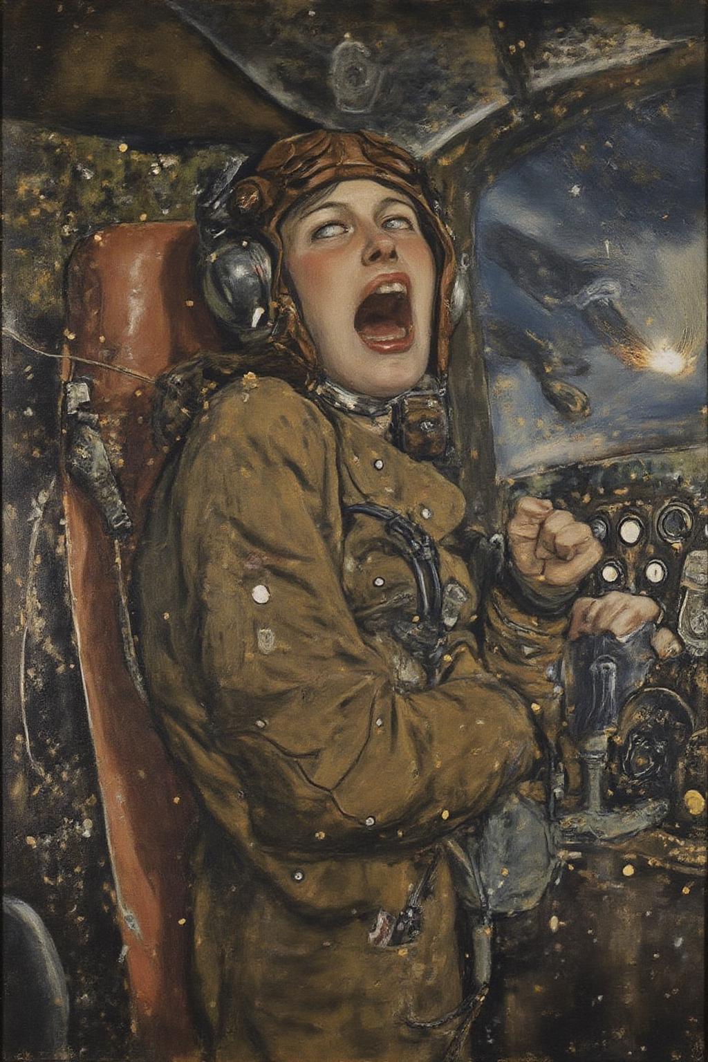 kl1mt painting. A female pilot screaming inside the cockpit of a World War II bomber. The pilot, wearing a vintage leather flight helmet with goggles and a bomber jacket, grips the controls with white-knuckled hands. Her face is contorted in a mix of fear and determination as she yells, her eyes wide with adrenaline. The cockpit is cramped and filled with old-fashioned dials and gauges, with the outside view showing dark stormy clouds and distant anti-aircraft fire <lora:kl1mt_cap_d6a3e12:1.0><lora:823307959200212523:0>