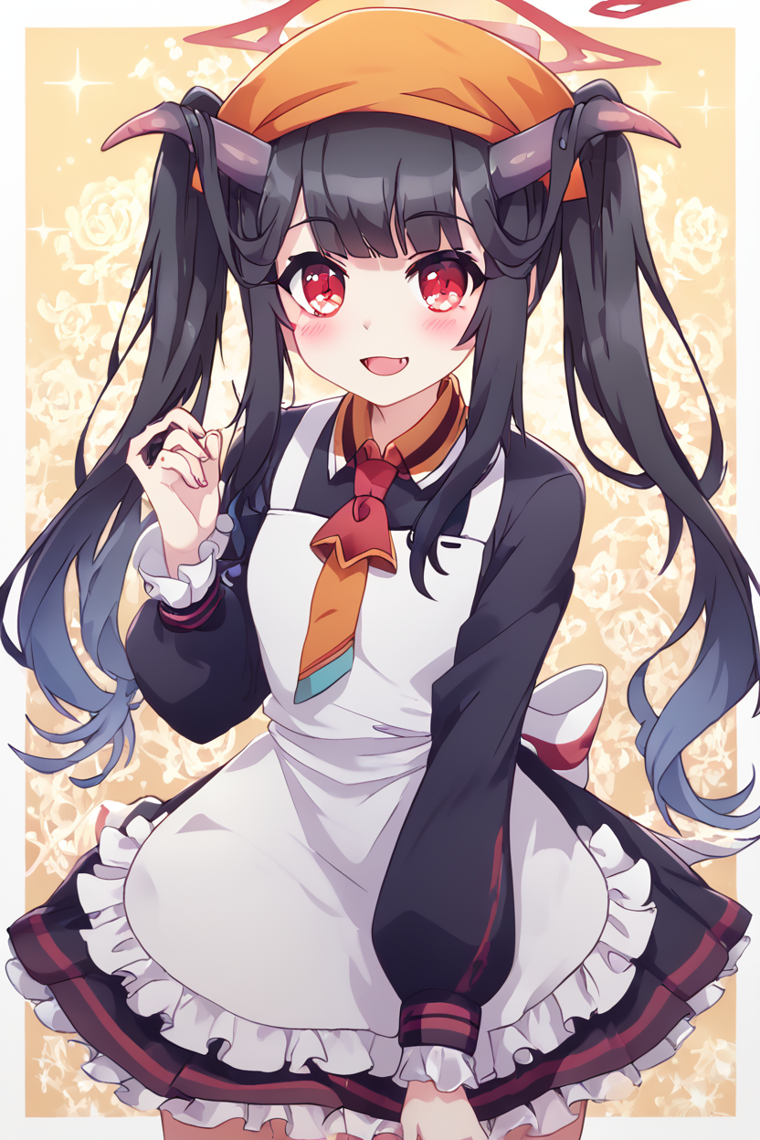 score_9, score_8_up, score_8, medium breasts, (curvy), cute, eyelashes,       BREAK, , ,,, zzFuuka, red eyes, black hair, long hair, horns, halo, demon horns, twintails black dress, white apron, frilled apron,  orange headwear, school uniform, necktie,  <lora:Fuuka_BlueArchive_PDXL:0.8>,   ,,,, BREAK, (warm colors), smile, looking at viewer, cowboy shot, ,,, embedding:zPDXL, Expressiveh, ,,, <lora:PrismaIllya_PDXL_v3:1.0>, <lora:SDXLFaeTastic2400:0.5>, <lora:Expressive_H-000001:0.4>,