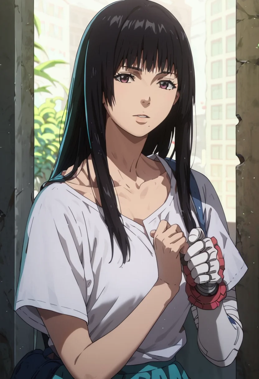 score_9, score_8_up, score_7_up, masterpiece, hi res, beautiful, sexy, long hair, skirt, m1sak1, one mechanical arm, solo, 1girl, bangs, mole under mouth, black hair, collarbone, elegant, anime