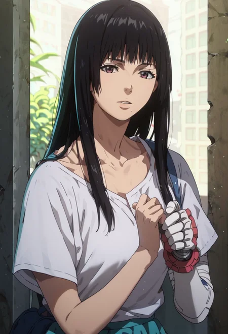 score_9, score_8_up, score_7_up, masterpiece, hi res, beautiful, sexy, long hair, skirt, m1sak1, one mechanical arm, solo, 1girl, bangs, mole under mouth, black hair, collarbone, elegant, anime