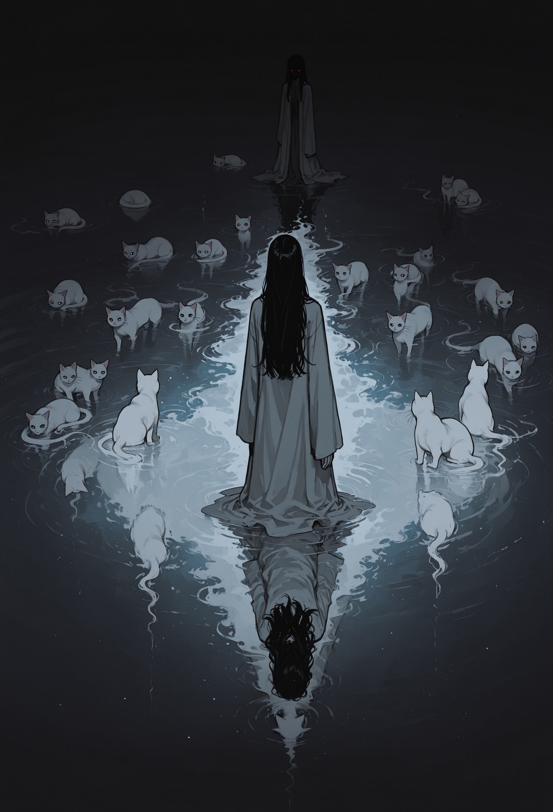 score_9, score_8_up, score_7_up, masterpiece, best quality, very aesthetic, 1girl, incoth, (incase:0.6), detailed face, (dynamic:1), stylized, illustration, r17329_illu, mage, robes, long hair, ethereal cats, ghost cats, summoner, reflection lake, 