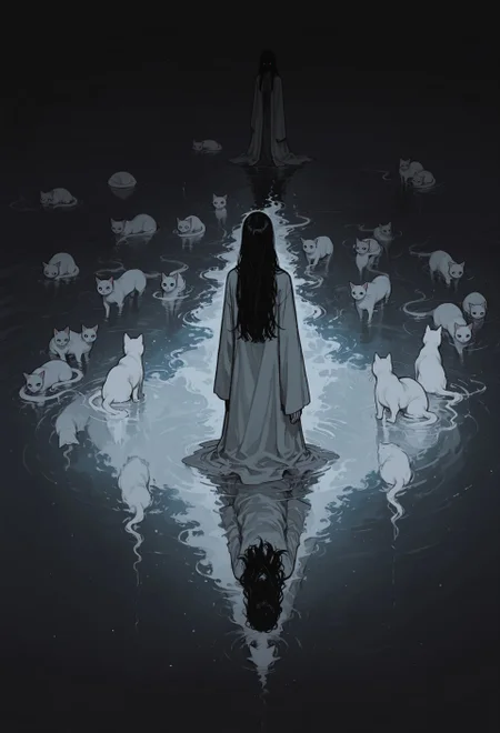 score_9, score_8_up, score_7_up, masterpiece, best quality, very aesthetic, 1girl, incoth, (incase:0.6), detailed face, (dynamic:1), stylized, illustration, r17329_illu, mage, robes, long hair, ethereal cats, ghost cats, summoner, reflection lake, 