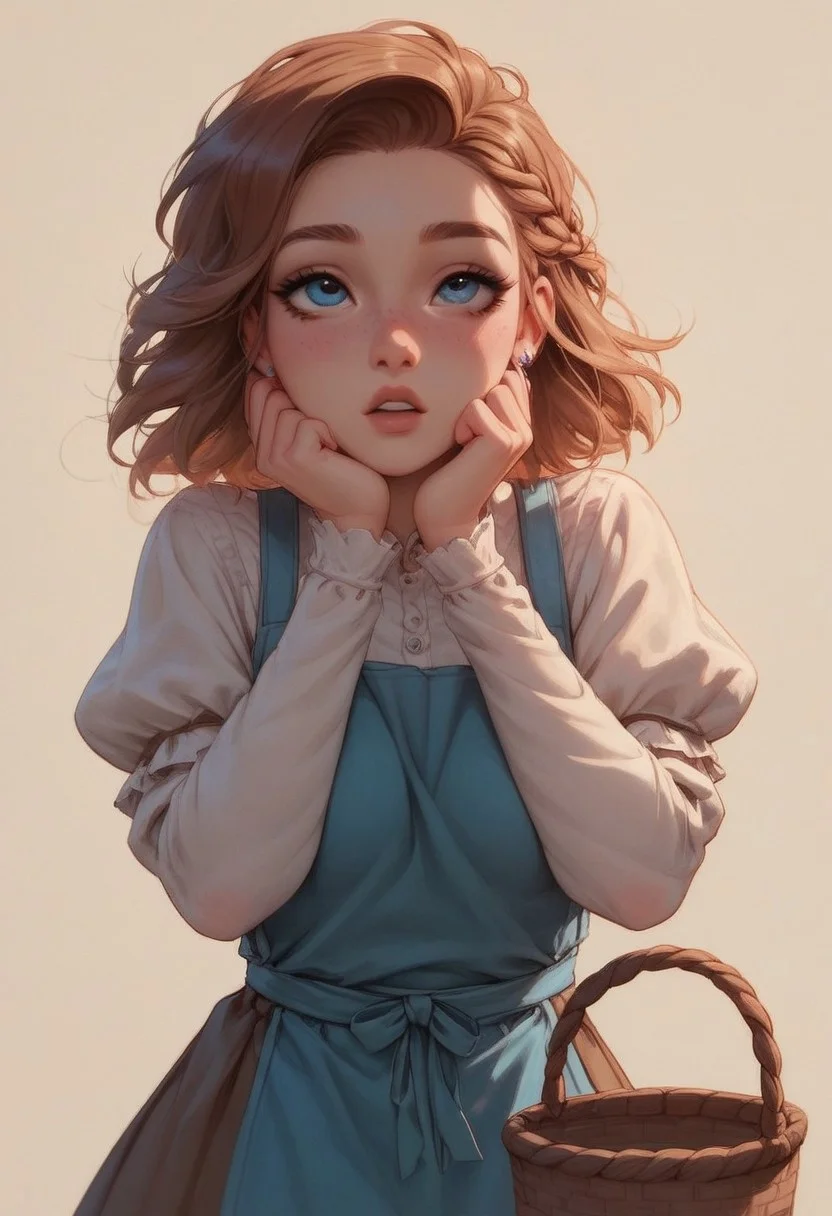 score_9, score_8_up, score_7_up, score_6_up, 1girl, solo, 
A young French peasant girl with wavy chestnut-brown hair tied back in a loose braid, soft blue eyes filled with warmth, and a gentle, hopeful expression. She wears a simple beige blouse with rolled-up sleeves, a long, earthy brown skirt, and a faded blue apron. Her hands rest lightly on a wicker basket filled with freshly picked lavender. The setting is a picturesque French countryside, with rolling fields, stone cottages, and a golden sunset casting a warm glow over the scene.