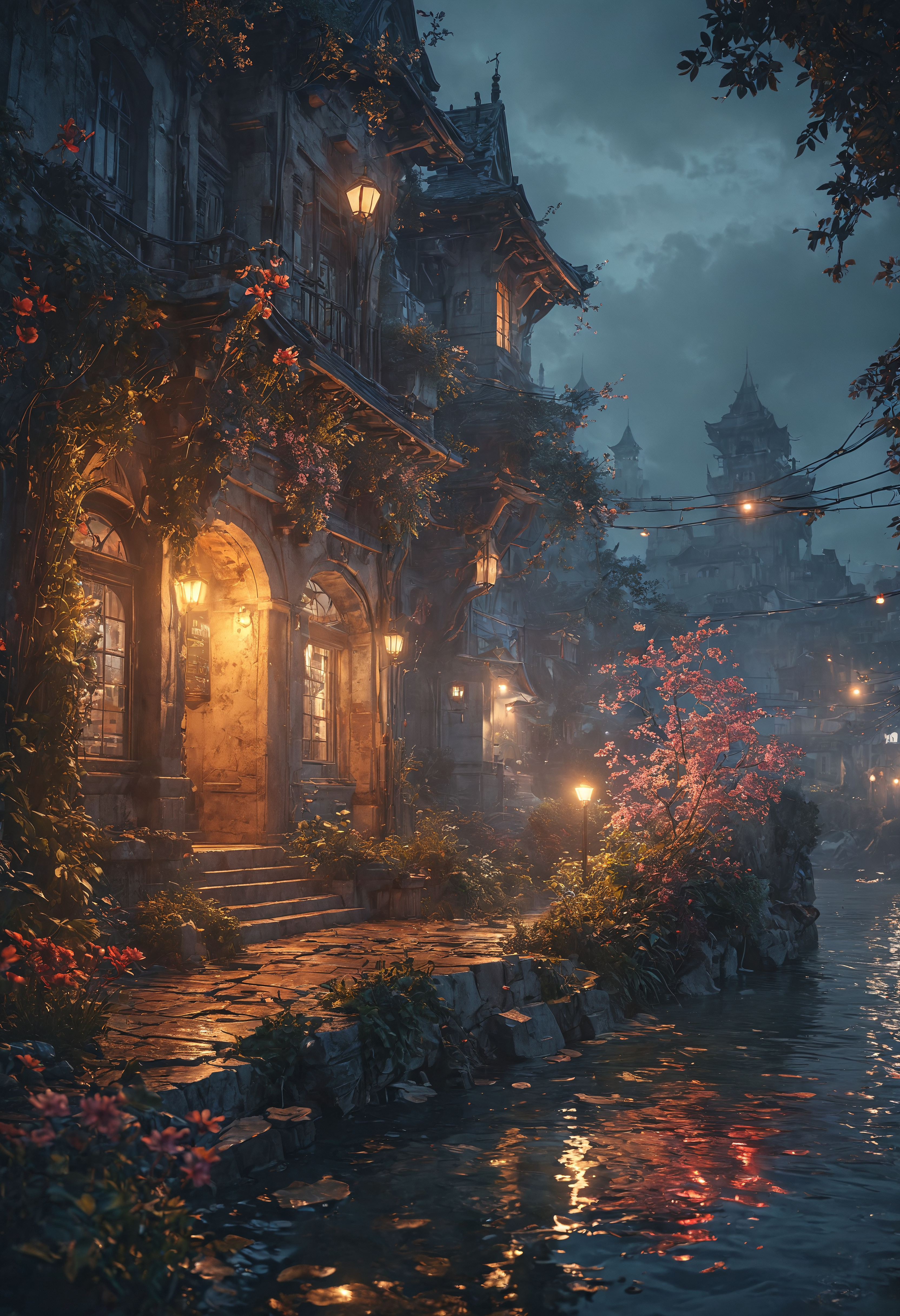 Mantis fairy, violet evergarden, neo tokyo japanese anime castle on the sea floor, overgrown city, vines, at night, moonlight, blade runner, hyperrealistic, volumetric lighting, octane render, trending on artstation, art by artgerm and greg rutkowski and alphonse mucha  <lora:MJ52:0.5> <lora:add-detail-xl:1>