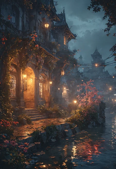 Mantis fairy, violet evergarden, neo tokyo japanese anime castle on the sea floor, overgrown city, vines, at night, moonlight, blade runner, hyperrealistic, volumetric lighting, octane render, trending on artstation, art by artgerm and greg rutkowski and alphonse mucha  <lora:MJ52:0.5> <lora:add-detail-xl:1>