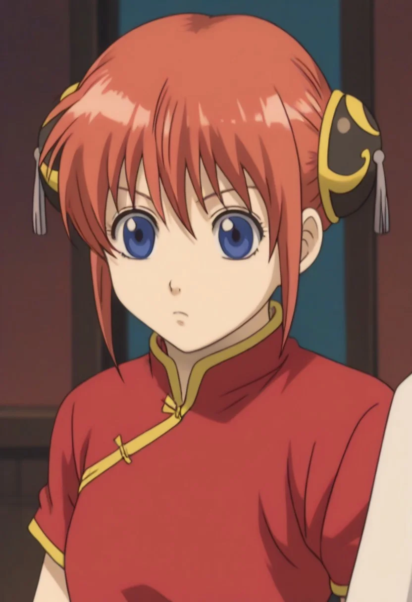 <lora:Kagura:0.8>blue eyes, red hair, Kagura red cheongsam with yellow piping outfit, Chinese clothes, double bun, bun cover, China dress,