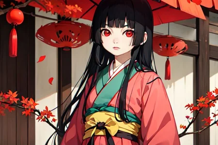 enma_ai 1girl, solo, hair down, hair black, bangs hair, eyes red, kimono, underlayer kimono, ornamental hairpun, obi sas, night, village, (masterpiece) 1girl, (8k, RAW photo, best quality, ultra high res, photorealistic, ultra-detailed), ninym ralei