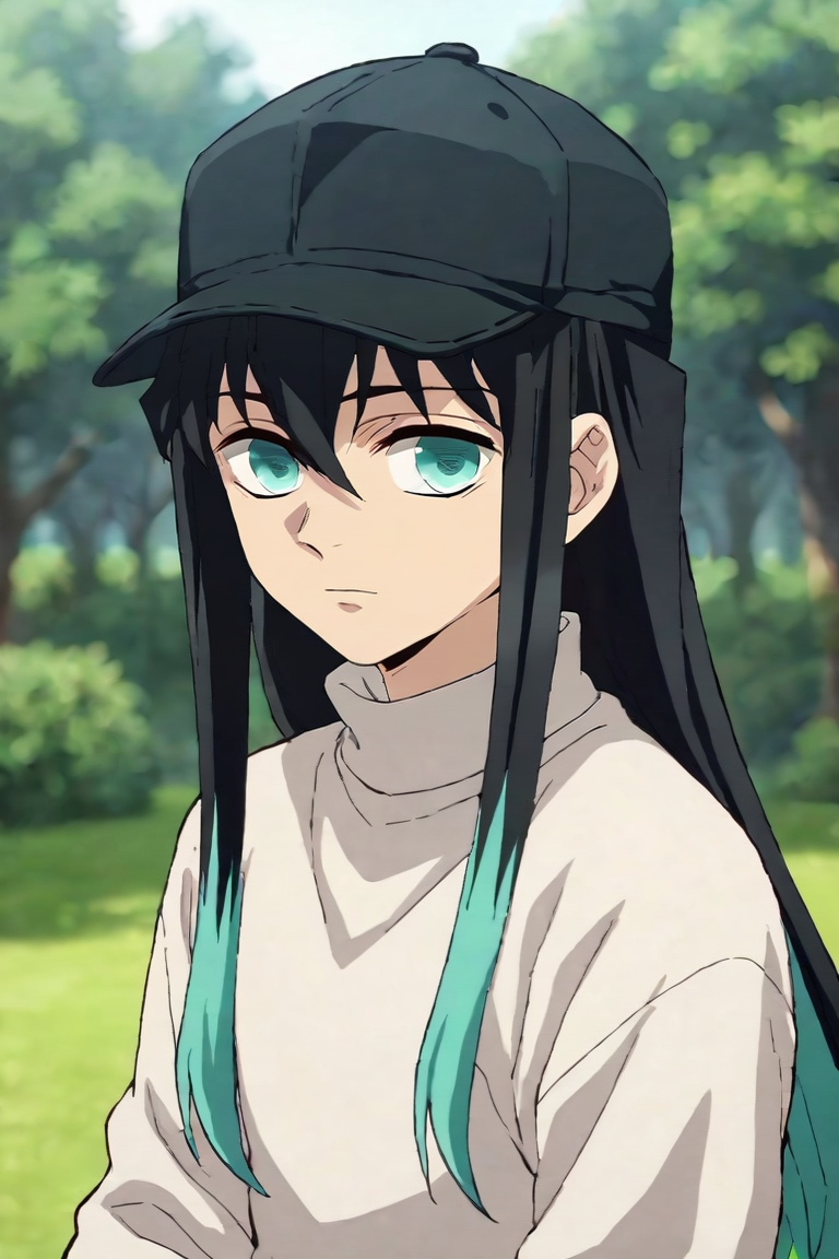 score_9, score_8_up, score_7_up, score_6_up, score_5_up, score_4_up, BREAK source_anime, anime screencap, anime coloring, official style, looking at viewer, upper body, depth of field, 1boy, solo, male focus, <lora:muichirou_tokitou_pony:0.78>, muichirou_tokitou, black hair, aqua eyes, long hair, bangs, aqua hair, multicolored hair, hair between eyes, sidelocks, two-tone hair, , sweater, trucker hat, , , <lora:sdxl_lightning_8step_lora:1>