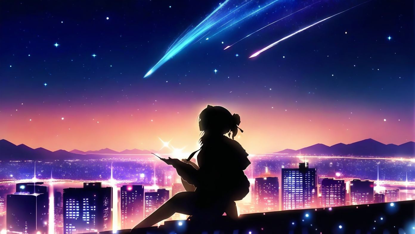 sky, star (sky),scenery,moon,starry sky,shooting star,no humans,outdoors,building,night,city,cityscape,sunset,1girl, from side, (silhouette), harada miyuki style, masterpiece, best quality, <lora:harada_miyuki_style:1>