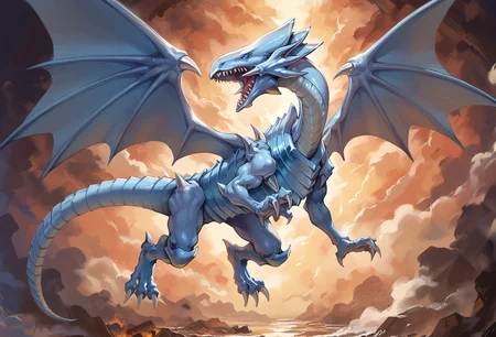 (score_9:0.9),score_8_up,score_7_up,rating_explicit,(zPDXL),(zPDXL3),
<lora:Maiden with Eyes of Blue PonyXL v1.2:0.8>, blue eyes white dragon, dragon, no humans, open mouth, solo, sharp teeth, flying, full body, blue theme, spread wings