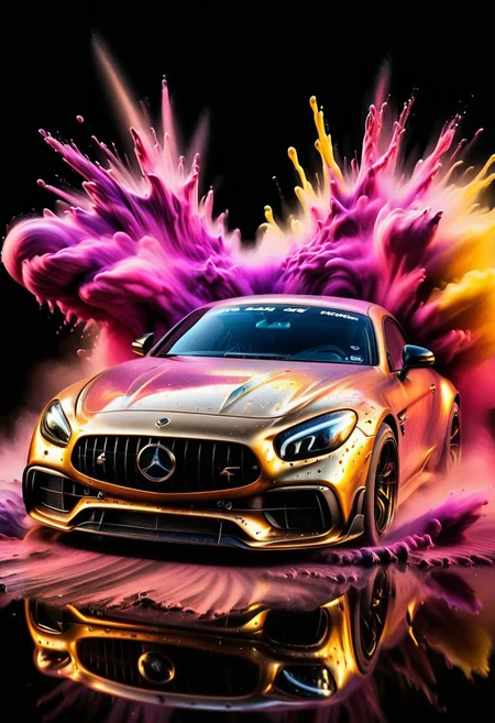 GOLD LIQUID METAL sports car, race car, racing through SILVER LIQUID METAL, liquid metal sprays up from the cars tyres, Car drifting in a black void, huge Colorful Powder Explosion above the car
