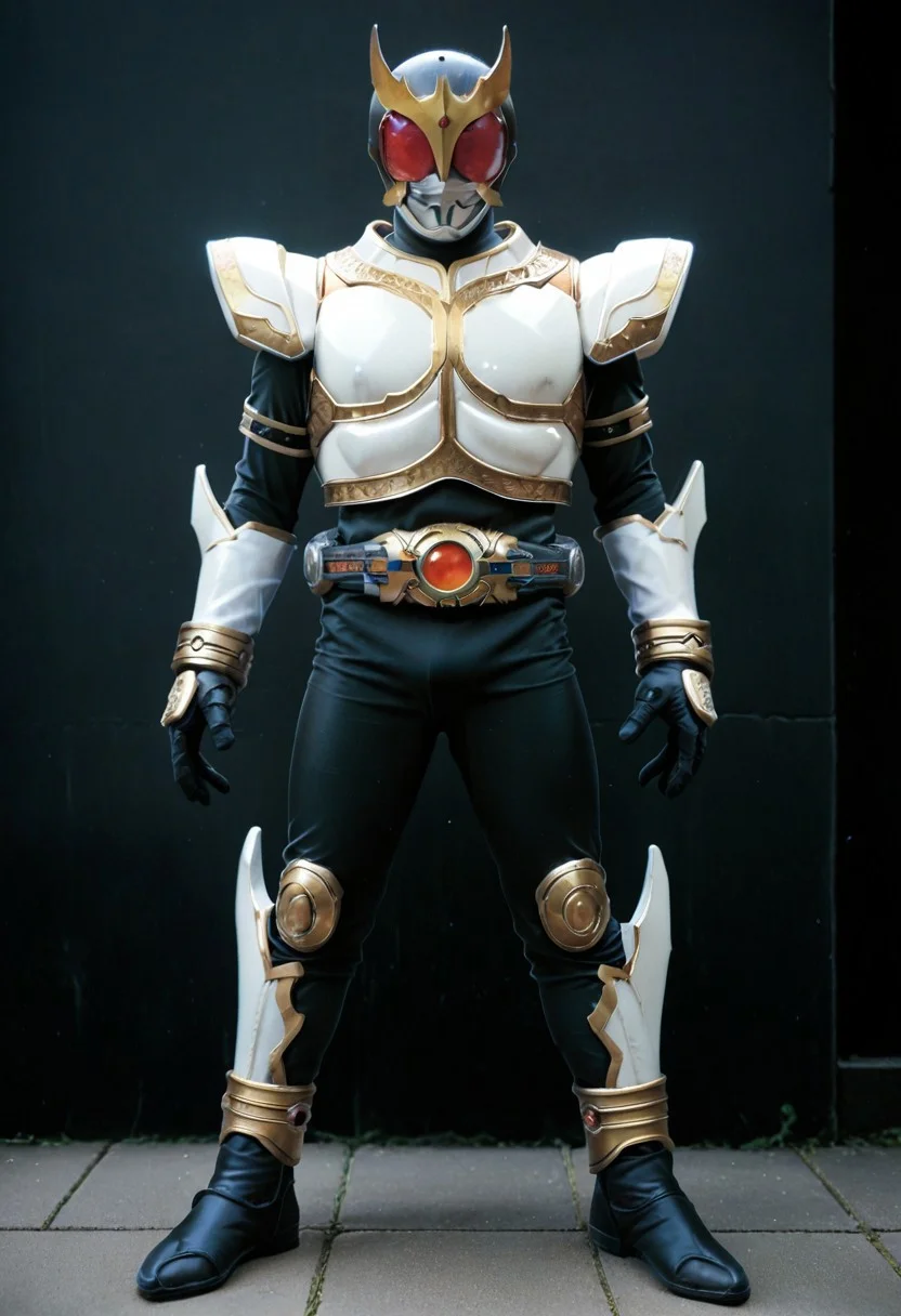 score_9, score_8, score_7, kuuga, rising, 1boy, male focus, solo, full body, belt, armor, helmet, standing, bodysuit, tokusatsu, black bodysuit, gloves, red eyes, looking at viewer, open hands, shoulder pads, white armor, gold trim