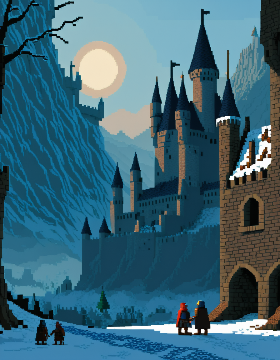 <lora:MWMinis_pixpixxl:1> <lora:MW_Minis_pixpixill:1> pixpix, pixel art, medieval castle landcape, big pixels, scene, day,, winter