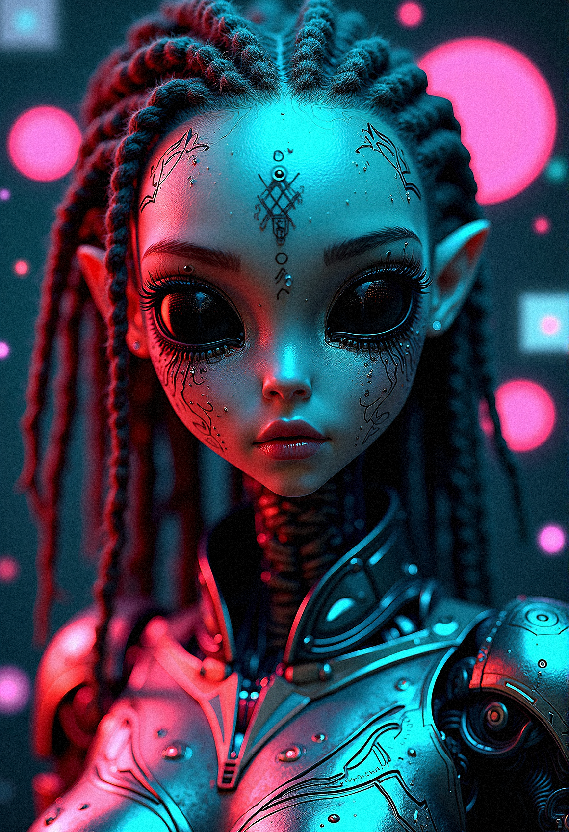 Imagine a close-up shot of a futuristic humanoid figure with an alien-like face, sculpted with intricate cybernetic plating that melds seamlessly into their skin. The face is elongated, with large, reflective black eyes that draw in the light around, creating a void-like gaze. The character's hair, styled into thick, textured dreadlocks, falls around their face and shoulders. Embedded in the hair are thin, glowing fiber-optic strands, pulsing with soft, cyan light. The cybernetic exoskeleton covering their body is a masterpiece of metalwork, with delicate engravings and symbols that hint at an unknown language or code. Surrounding the figure are neon icons—circles, triangles, crosses, and squares—that hover in mid-air, glowing in vivid pink and cyan hues. These symbols cast a subtle, colorful glow onto the figure's armor, enhancing the intricate details and giving it a retro-futuristic look. The background is dark, allowing the neon lights and metallic details to pop, creating a striking contrast that emphasizes the character’s mysterious, otherworldly essence.