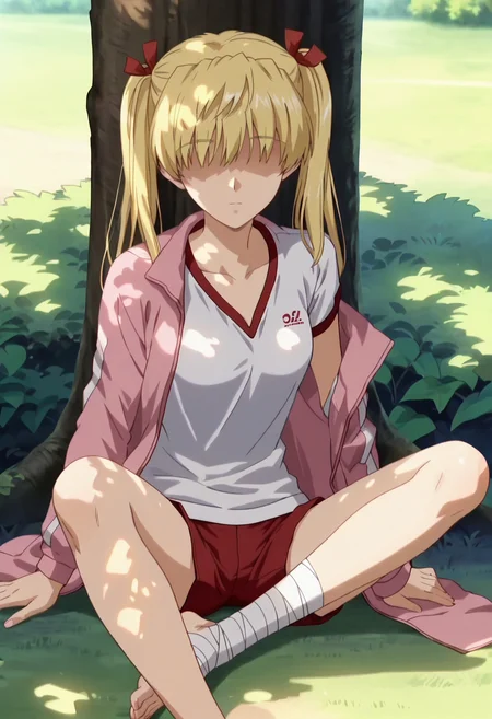 <lora:sawachika_eri_ponyxl_v8:0.8>, sawachika eri, twintails, solo, looking at viewer, no eyes, hair over eyes,
gym uniform, white shirt, red shorts, pink jacket, open jacket,
sitting, on ground, outdoors, against tree, tree shade, outstretched legs, bandaged leg, feet out of frame,
score_9, score_8_up, score_7_up, score_6_up, anime coloring, screencap, high quality, detailed, beautiful, shiny, outstanding, countershading, detailed soft lighting