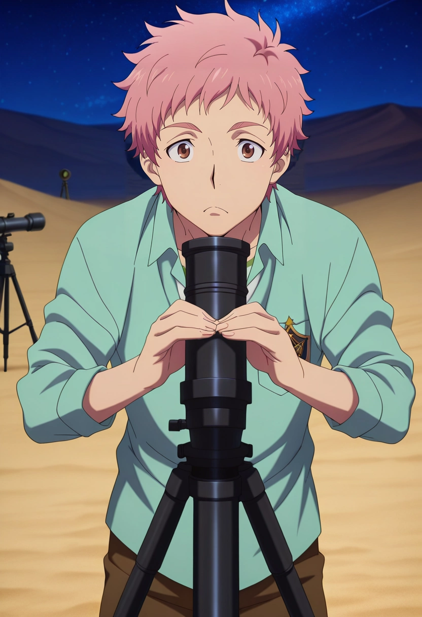 masterpiece, best quality, , anime screencap, anime coloring, official style, looking at viewer, 1boy, solo, male focus, <lora:renzou_shima_ilxl:0.94>, renzou_shima, pink hair, brown eyes, short hair, desert observatory, star domes, sand-worn walls, telescope array, studying pose, curious expression, night,