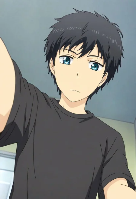 high resolution, solo, best quality, 1Boy, Arata Kaizaki, Black Hair, Blue Eyes, kabedon POV, T-Shirt, OverallDetail
