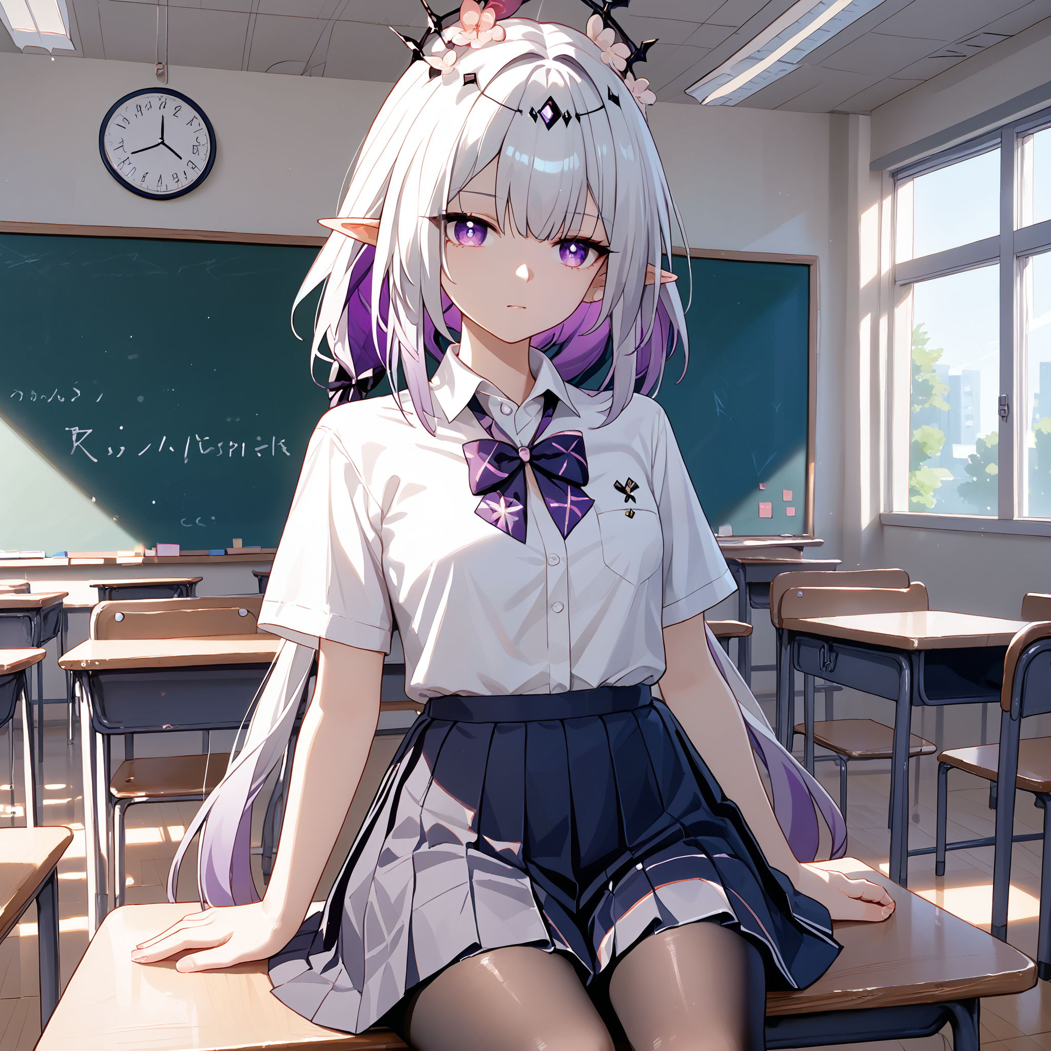score_9, score_8_up, score_7_up, score_6_up, BREAK source_anime, look at viewer, 1girl, solo, masterpiece, best quality, high detailed skin,  castorice_(honkai:_star_rail), purple eyes, white hair, colored inner hair, low twintails, pointy ears,  school uniform, collared shirt, white shirt, pleated skirt, black pantyhose, short sleeves, classroom, indoors, black bow, sitting,